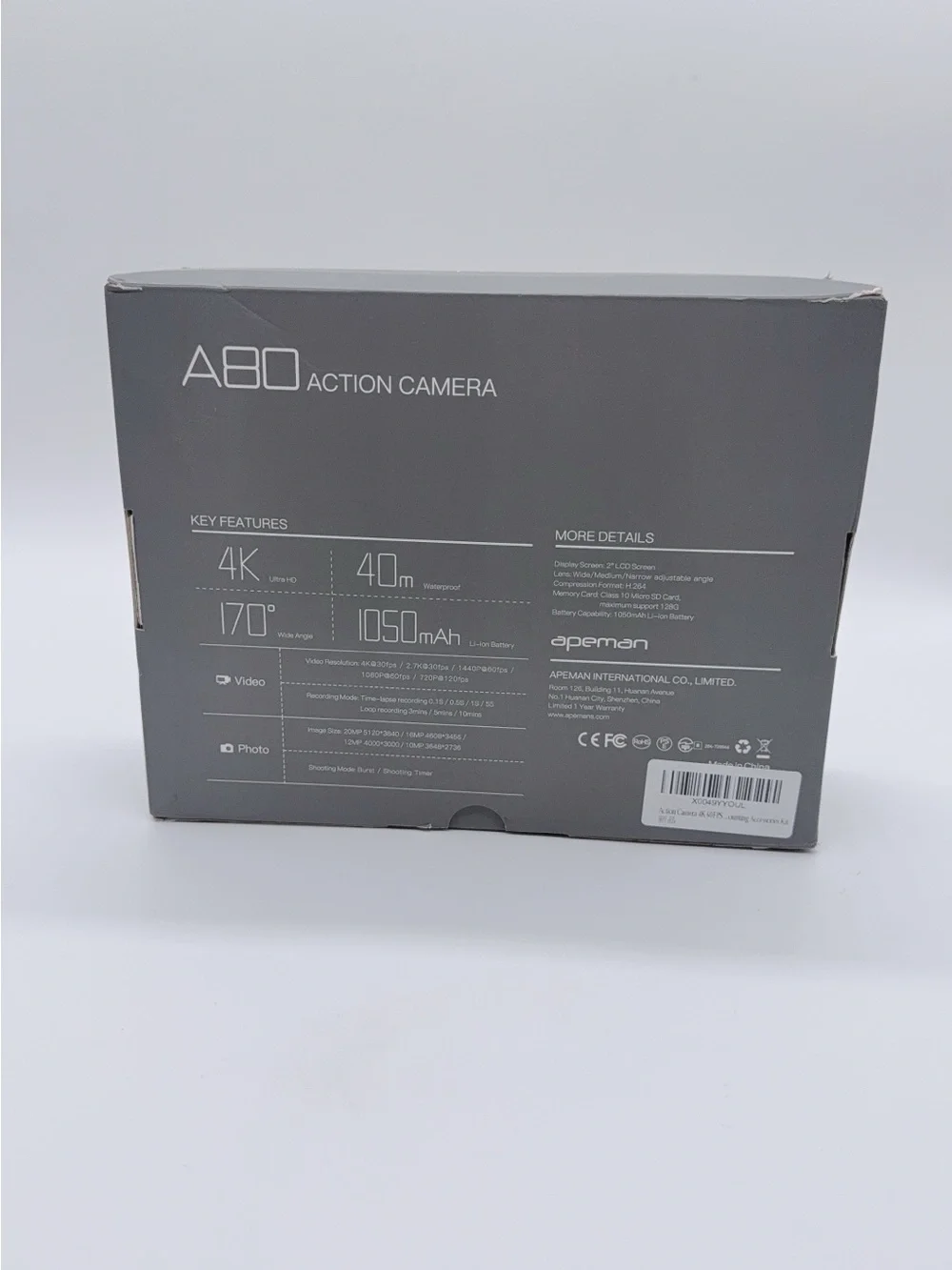 Apeman A80 Action Camera 4K Ultra HD Wi-Fi Control 40m Waterproof Time-Lapse SS2